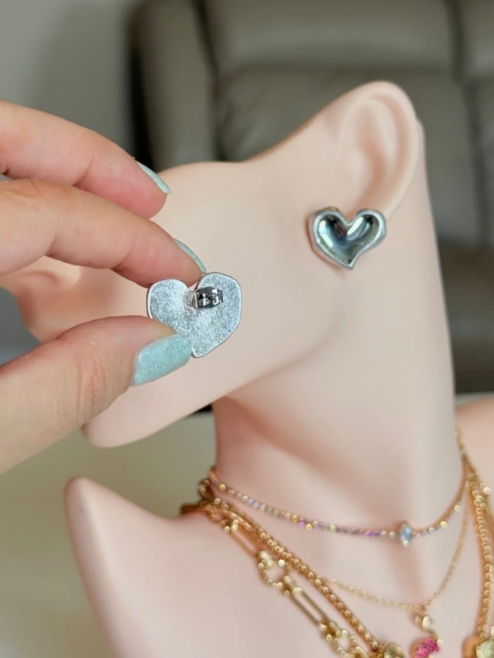 Silver Heart Stud Earrings - Picture 7 of 14